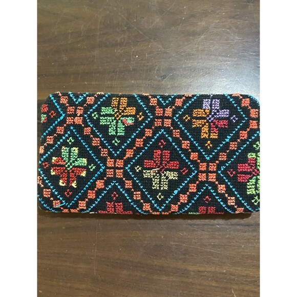 Vintage-Style Geometric Embroidered Folk Art Wallet Clutch Dividers Gold Rim - Picture 4 of 11